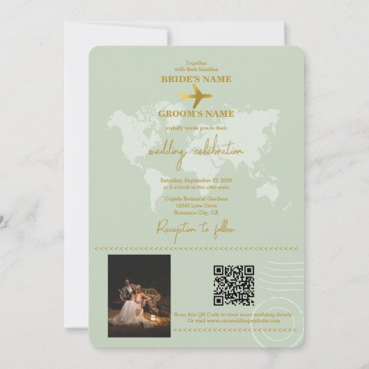 Invitation Destination Mariage Monde Passport Sage Vert Or (Dos)