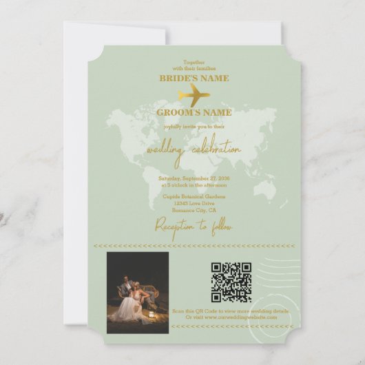 Invitation Destination Mariage Monde Passport Sage Vert Or (Dos)