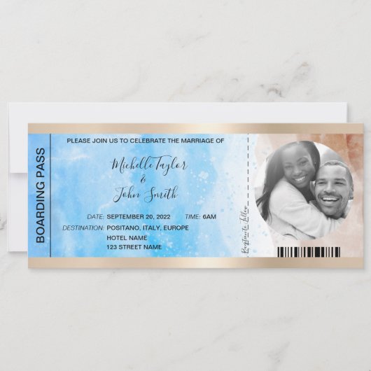 Invitation Destination Mariage Pass Embarquement Plage Ocean  (Devant)