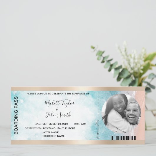 Invitation Destination Mariage Pass Embarquement Plage Ocean  (Debout devant)