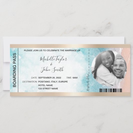 Invitation Destination Mariage Pass Embarquement Plage Ocean  (Devant)