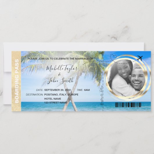 Invitation Destination Mariage Pass Embarquement Plage Ocean  (Devant)