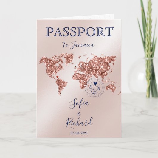 Invitation Destination Mariage Passport World Map Rose Gold (Devant)