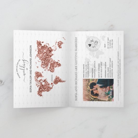 Invitation Destination Mariage Passport World Map Rose Gold (Intérieur)