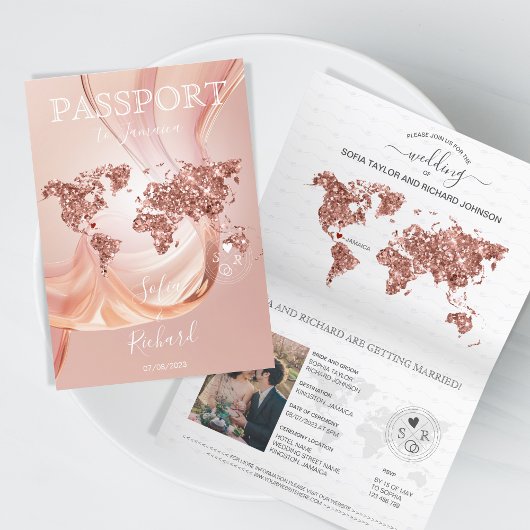 Invitation Destination Mariage Passport World Map Rose Gold