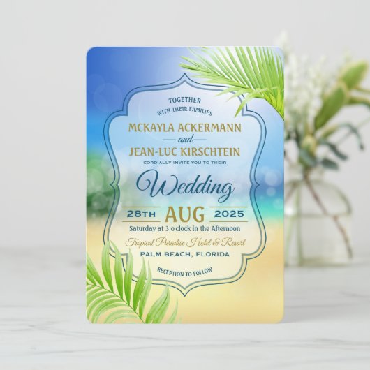Invitation Destination Mariage Plage Tropical Palm Tree Leaf (Debout devant)