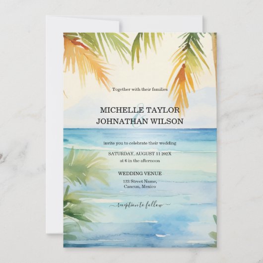 Invitation Destination moderne Mariage Palm Trees Beach (Devant)