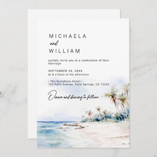 Invitation Destination moderne Watercolor Beach Wedding (Devant / Derrière)
