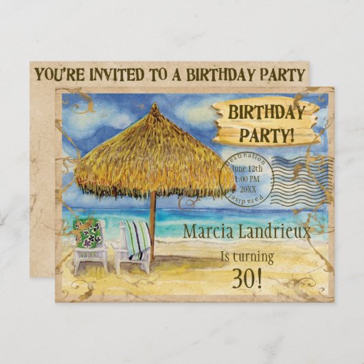 Invitation Destination Paradis Fête d'anniversaire sur une pl (Devant / Derrière)