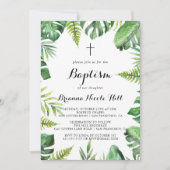 Invitation Destination Tropical Green Calligraphie Baptême (Devant)