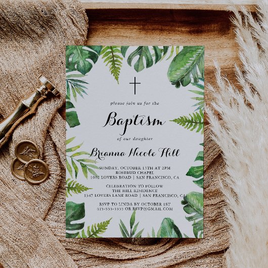 Invitation Destination Tropical Green Calligraphie Baptême
