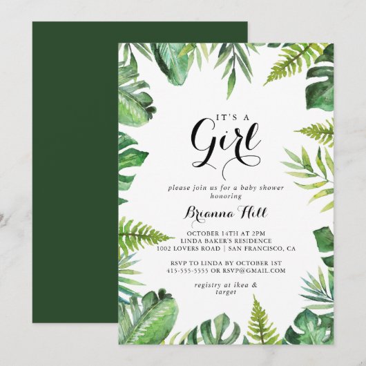 Invitation Destination Tropical Green C'est un Baby shower de (Devant / Derrière)