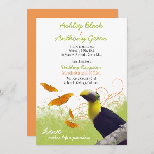 Invitation Destination Tropical Toucan Réception de mariage u (Devant / Derrière)