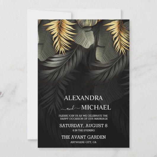 Invitation Destination Tropicale Noir et Or Mariage Invita (Devant)