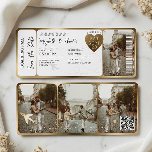 Invitation Destination Wedding Boarding Pass Gold Ticket QR