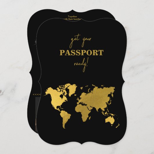 Invitation Destination Wedding World Passport Black Gold (Devant / Derrière)
