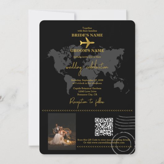Invitation Destination Wedding World Passport Black Gold (Dos)