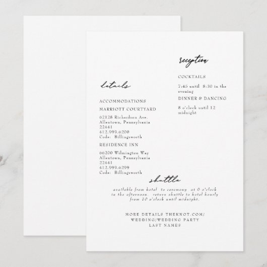 Invitation Détail de mariage simple moderne blanc (Devant / Derrière)