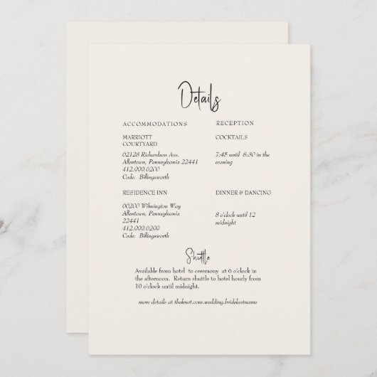 Invitation Détail du Mariage de crème (Devant / Derrière)