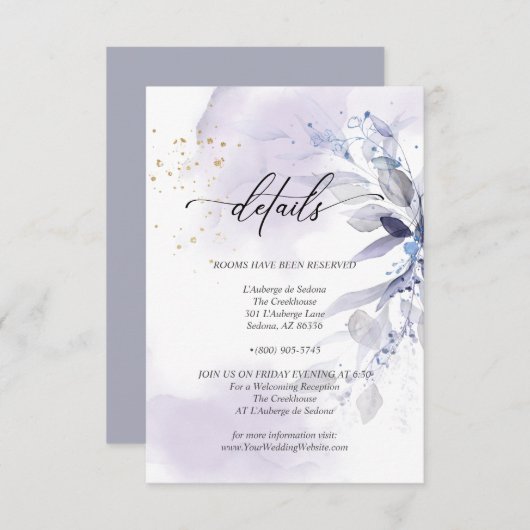 Invitation Détails 2 Élégant feuillage à l'aquarelle violette (Devant / Derrière)