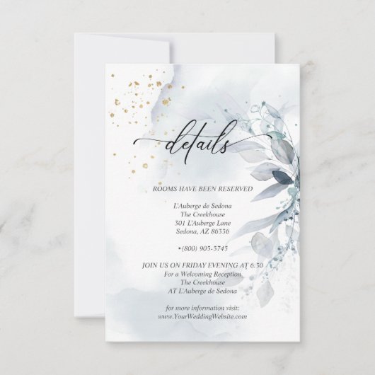 Invitation Détails 2 Élégant Feuillage Aquarelle Bleu Poussié (Devant)