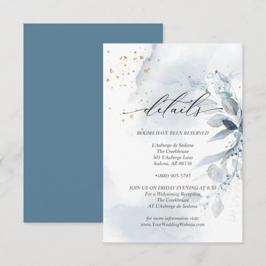 Invitation Détails 3 Feuillage élégant à l'aquarelle bleu pou (Devant / Derrière)