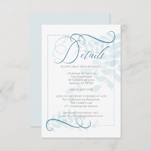 Invitation DÉTAILS | Accents bleu Turquoise Feuilles bleu pâl (Devant / Derrière)