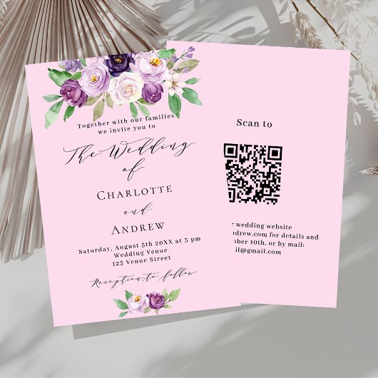Invitation Détails de code QR florales rose violet RSVP maria