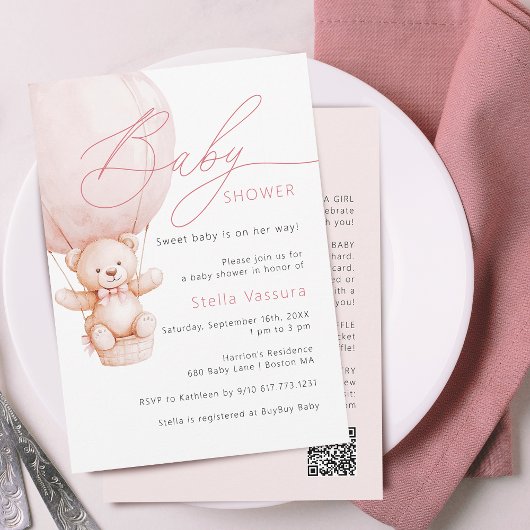 Invitation Détails de l'ours en peluche Code QR Fille Baby Sh