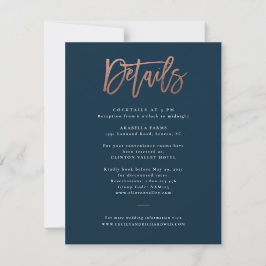 Invitation Détails de mariage à l'or rose avec écriture moder (Devant)