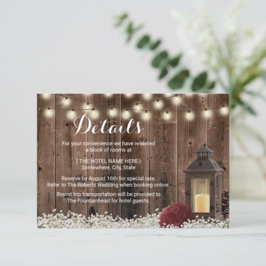 Invitation Détails de mariage avec lanterne rustique et fleur (Debout devant)