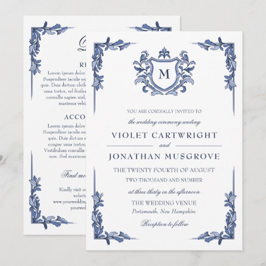 Invitation Détails de mariage avec monogramme de blason vinta (Devant / Derrière)