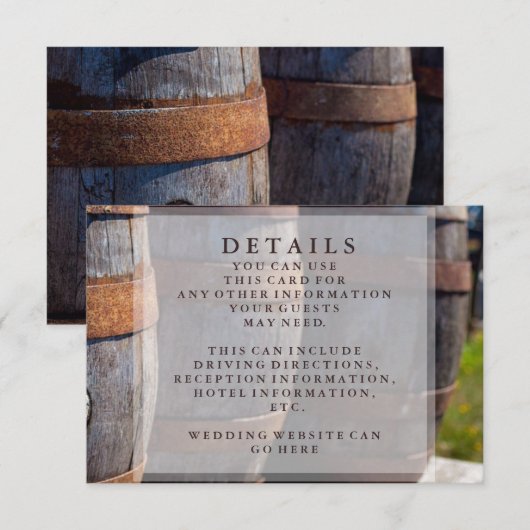 Invitation Détails de mariage avec vignoble et tonneau de vin (Devant / Derrière)
