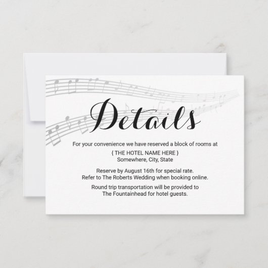 Invitation Détails de mariage de musique élégante Hébergement (Devant)