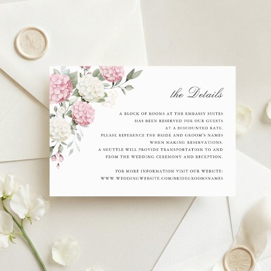 Invitation Détails de mariage de verdure d'hydrangea rose flo