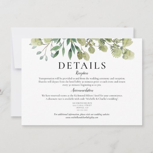 Invitation Détails de mariage élégants à l'aquarelle et verdu (Devant)