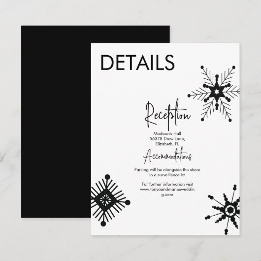 Invitation Détails de mariage flocon de neige noir moderne (Devant / Derrière)