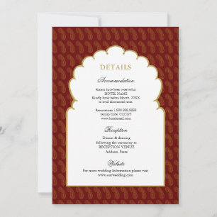 Invitation Détails de mariage indien rouge et or