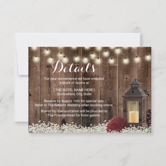 Invitation Détails de mariage Lanterne rustique et fleurs bor (Devant)