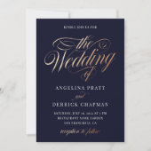 Invitation Détails de mariage Luxe Navy Or Script (Devant)