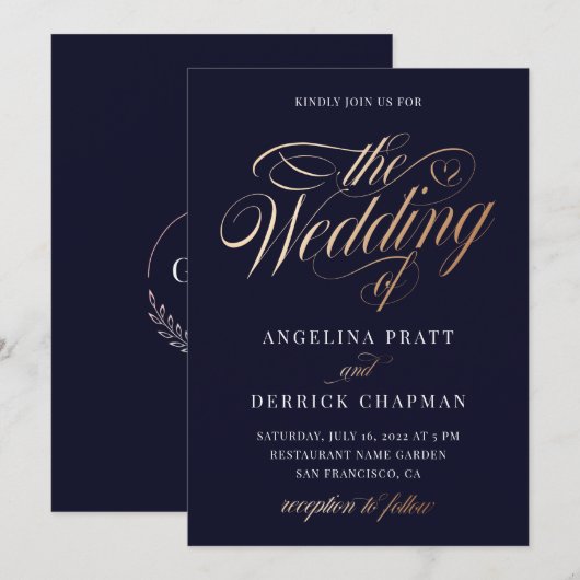 Invitation Détails de mariage Luxe Navy Or Script (Devant / Derrière)