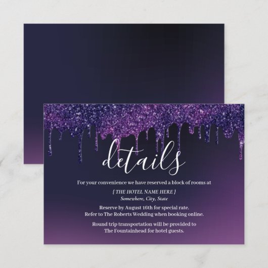 Invitation Détails de mariage moderne avec des gouttes violet (Devant / Derrière)