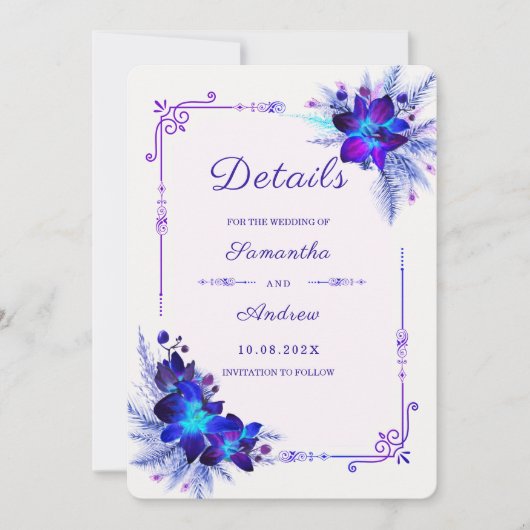 Invitation Détails de mariage Orchidée Bleue Violette (Devant)