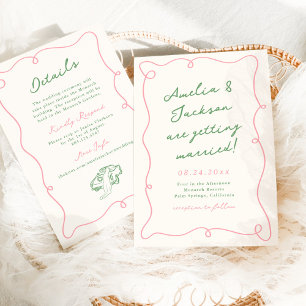 Invitation Détails de mariage rose et vert dessinés à la main