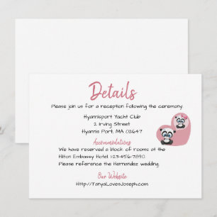 Invitation Détails de mariage rose Oursons pandas à coeur