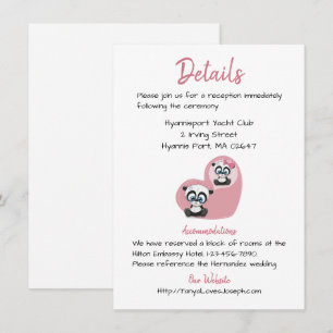 Invitation Détails de mariage rose Oursons pandas à coeur