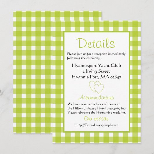 Invitation Détails de mariage rustique Gingham Vert carreaux (Devant / Derrière)