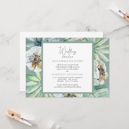 Invitation Détails de mariage simple feuillage tropical Sage (Devant/Arrière en situation)