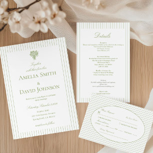 Invitation Détails de mariage vert à rayures minimalistes chi