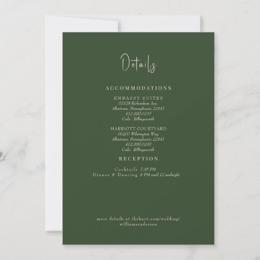 Invitation Détails de mariage vert forêt Encart (Devant)